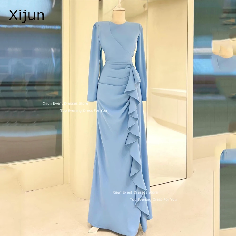 

Xijun Modest Baby Blue Evening Dresses Pleats Long Sleeves Prom Dresses Saudi Arabric Long Prom Gowns 2024 For Women Dubai Gowns