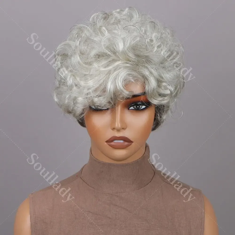 

Seniors Short Curly Silver Grey Layered Pixie Cut Wig Light Salt And Pepper Human Hair Glueless Wig Brazilian For Women Over 60s