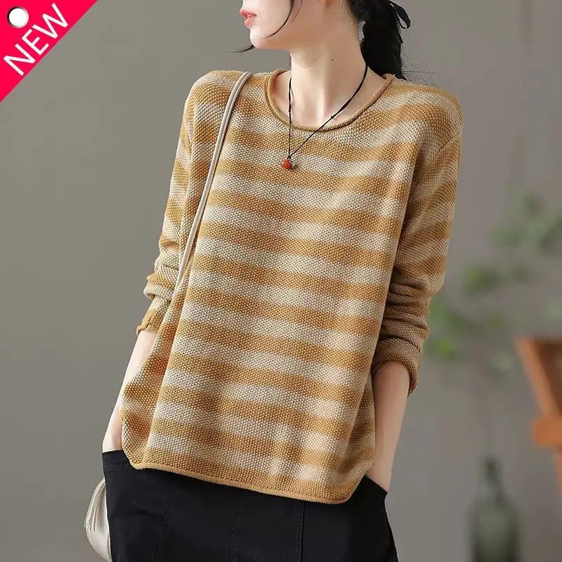 Autumn Sports Chic Artistic Pullover Folk Trendy Classic Round Collar Long Sleeve Stripe Contrasting Color Loose Casual Sweater