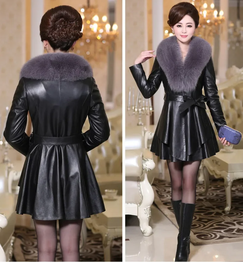 

Leather Jacket Imitation Fox Fur Collar Woman Medium Long Fur Jacket Slim Fit And Cotton Fashion PU Leather Jacket Black
