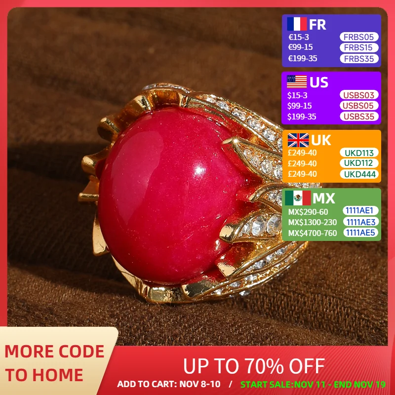 

Vintage Red Natural Stone Ring Rhinestone Angel Wings Gold Color Cubic Zircon Woman Accessories Luxury Quality Jewelry 2025 New