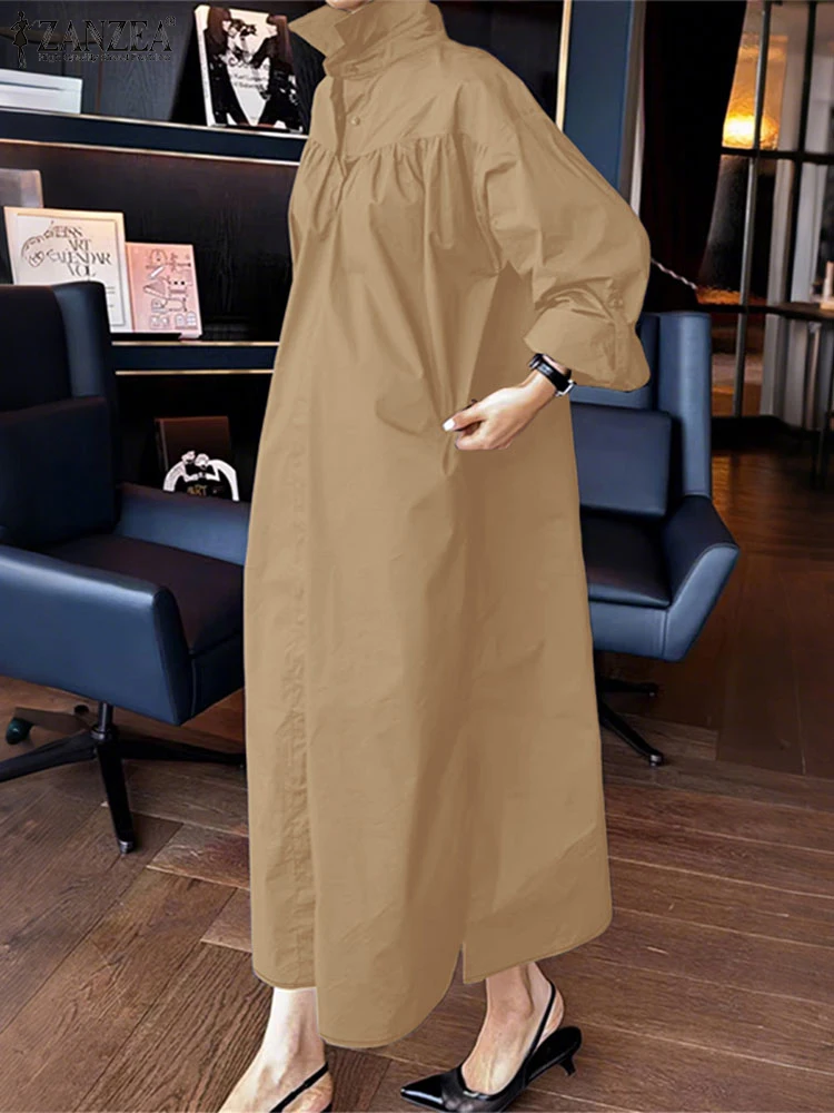 Vrouwen Herfst OL Werk Jurken ZANZEA 2025 Elegante Revers Hals Lange Mouw Jurk Gewaad Femme Stijlvolle Effen Knoppen Up Zonnejurk