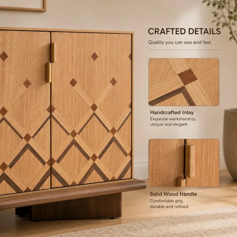 Modern Solid Oak Eco-Friendly Sideboard Cabinet with Geometric Pattern Doors and Storage Space for Dining and Living Rooms