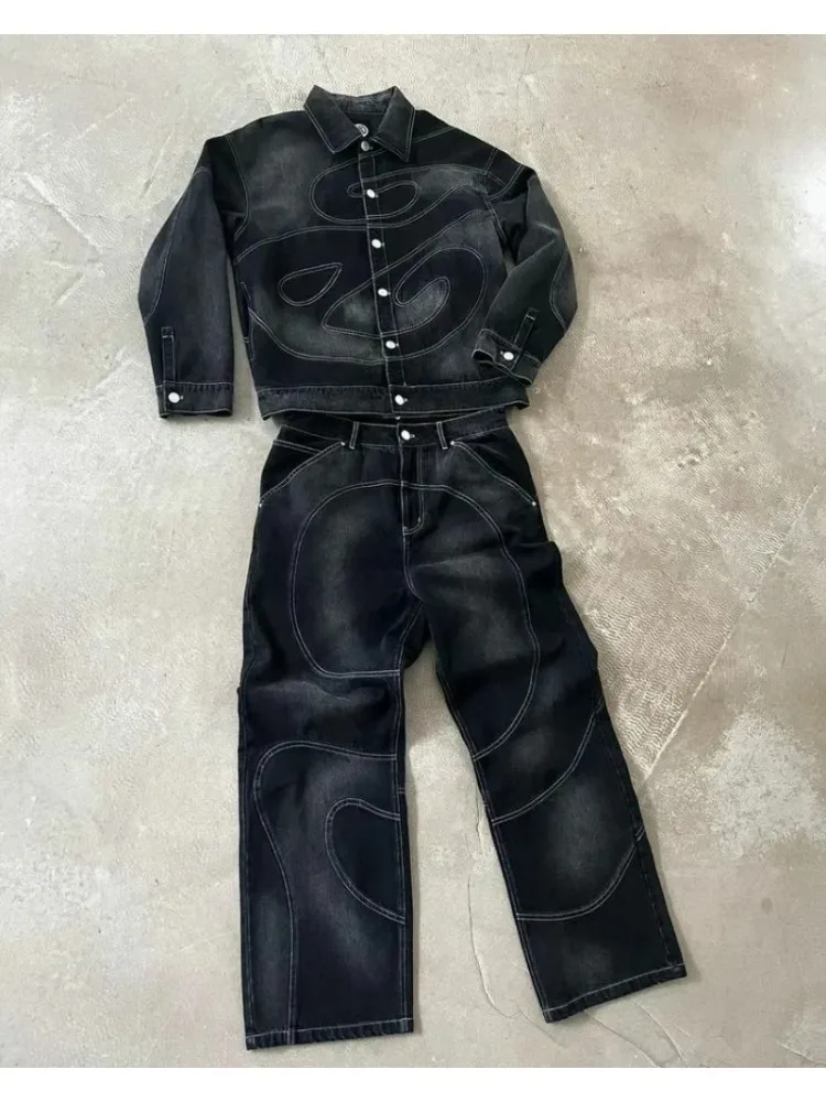 Patch Jeans Retro Striped Embroidered Jacket Two-Piece Set Y2k Suit Men's Harajuku hiphop Embroidered Loose Jeans Old Jacket