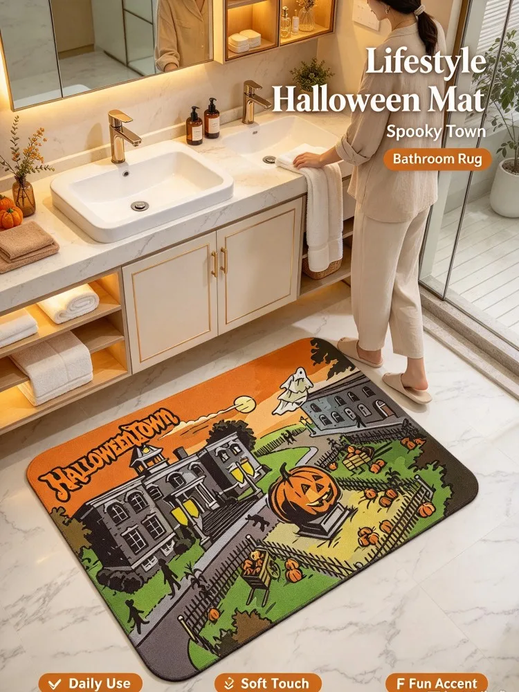 VIKAMAHalloween Town Decorative Floor Mat, Spooky Ghost Town Area Rug, Soft Orange Black Carpet with Pumpkin Ghost for Bathroom