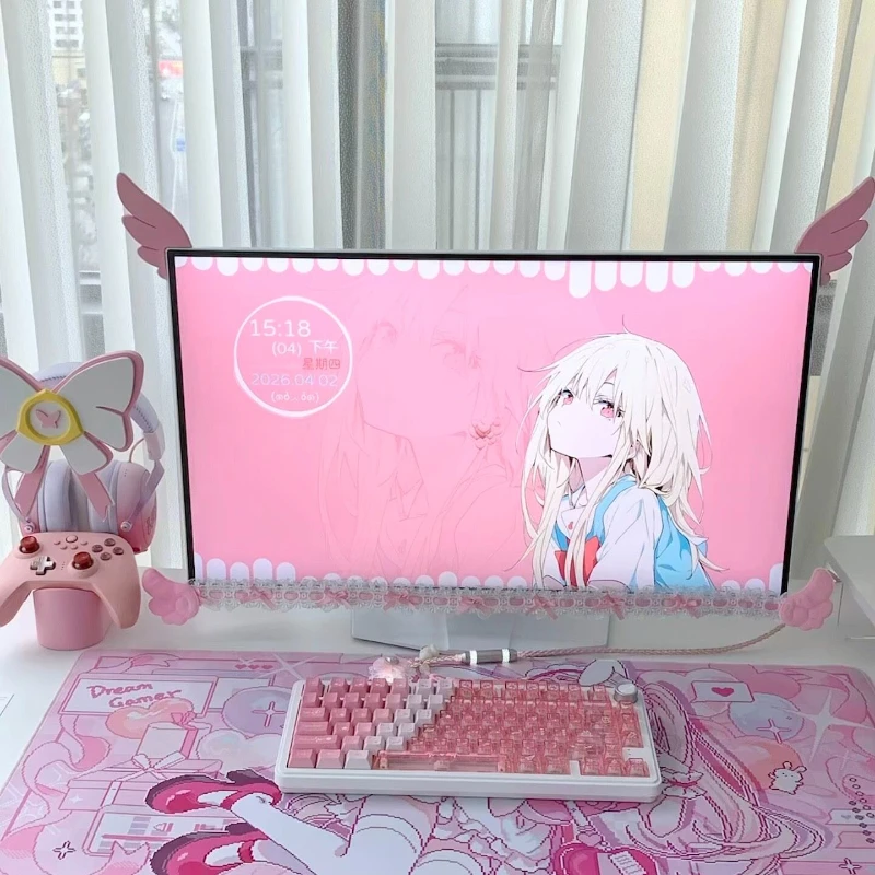 Cute Monitor Frame Decor Angel Wing Ear Ornament Lace Trim Gaming Desk Decor Aesthetic Kawaii Computer Monitor Border Decoration