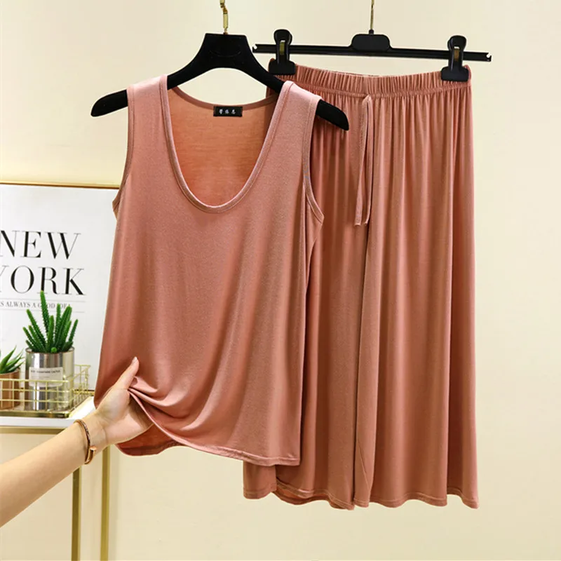 

Large Size Modal Sleeveless Top Capri Pants Set For Women Lounge Sleepwear Pajamas Female Home Wear Suit 2025 Pyjamas Femme
