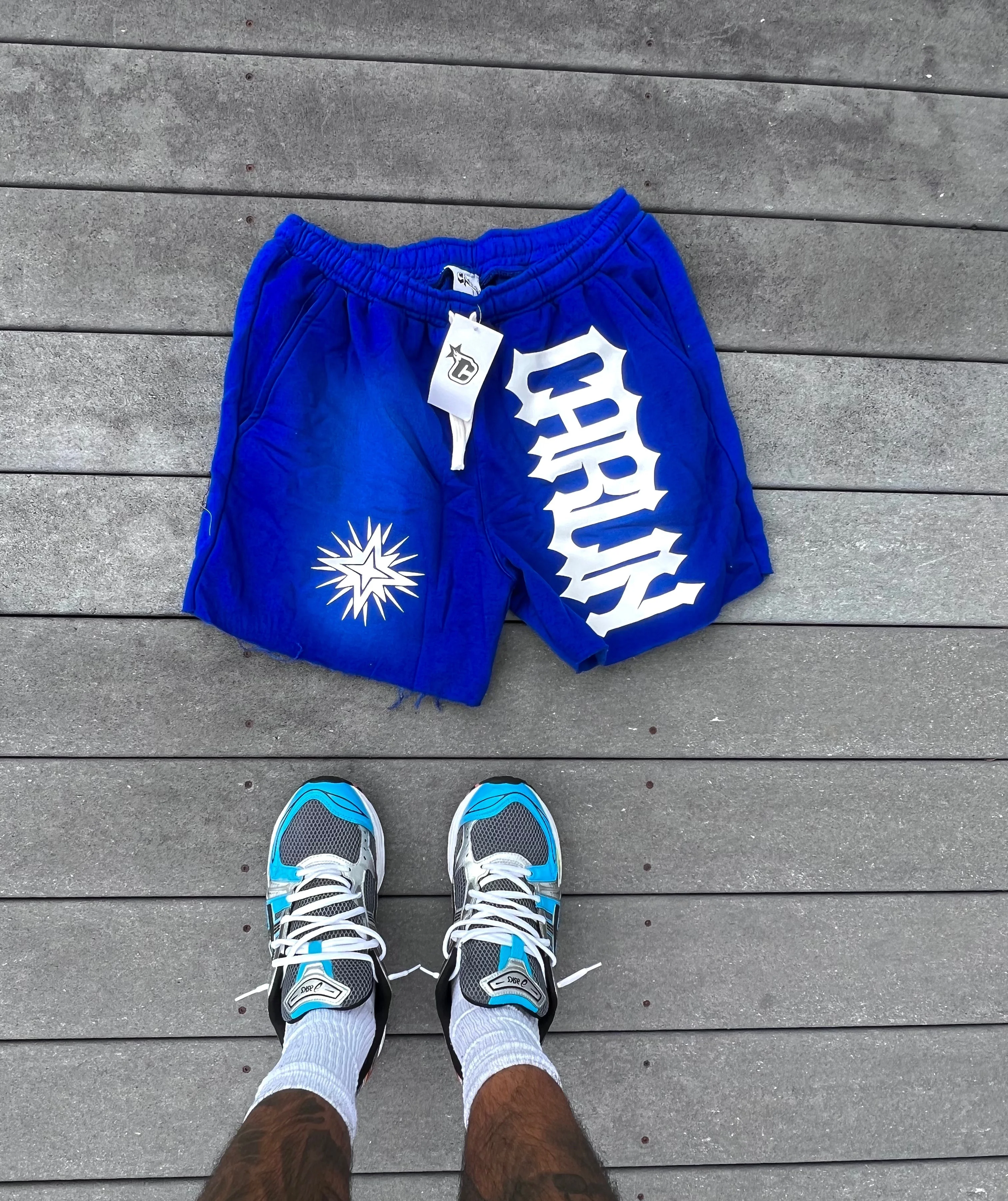 

026 Summer New Men's Gothic "BORN" & Star Print Fleece Sweat Shorts Oversized Pants, Suitable for Daily Wear and Training