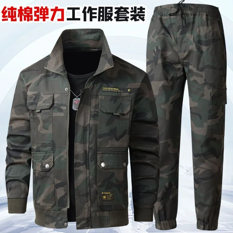 Men Stretch Cotton Camouflage Workwear Set Wear Resistant Anti Scald Uniform For Spring Autumn Welding Work