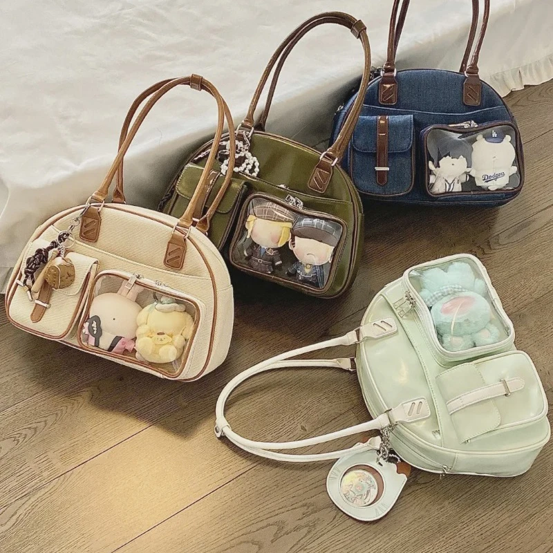 Retro Color-blocked Leather Ita Bag Transparent Pocket Shoulder Bag Korean Fashion Large Capacity Women's Bowling Handbag