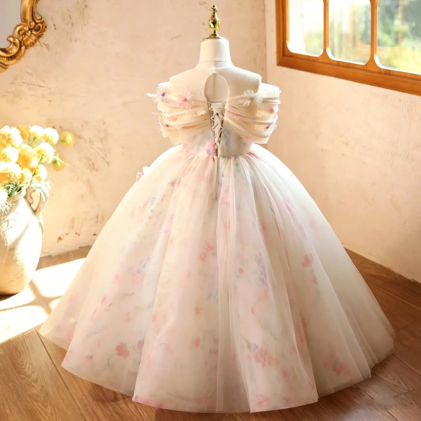 Dreamy Vow D380 Girls Beige Flower Girl Dress, Tulle Floral 3D Flowers Princess Maxi Ball Gown, Elegant Wedding Pageant Holiday