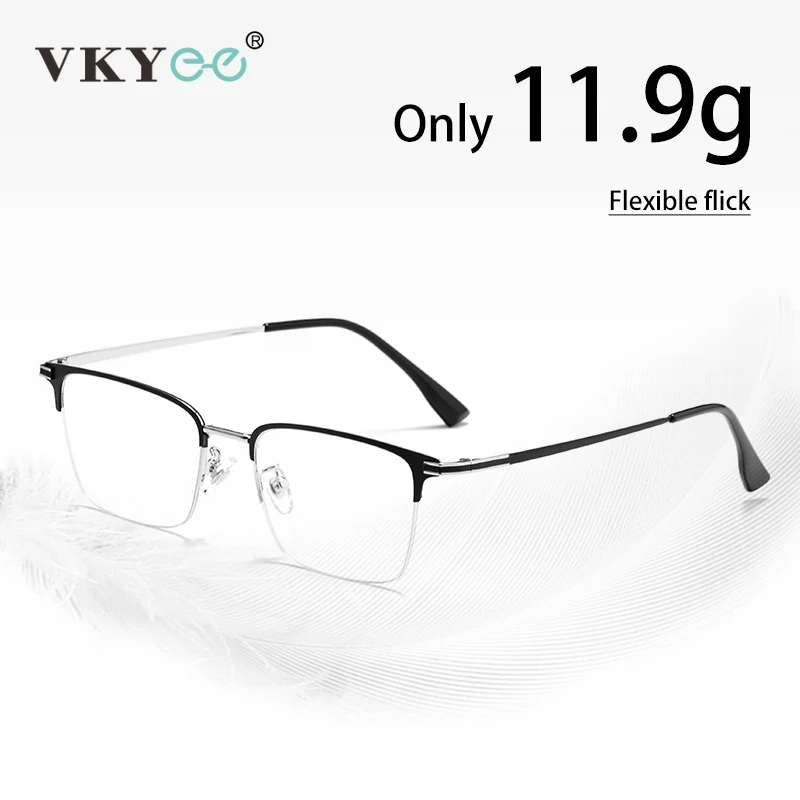 VKYEE Ultralight Alloy Men\'s Half Rim Business Eyeglasses Customizable Prescription Anti-Blue Light Glasses Photochromic 9172K