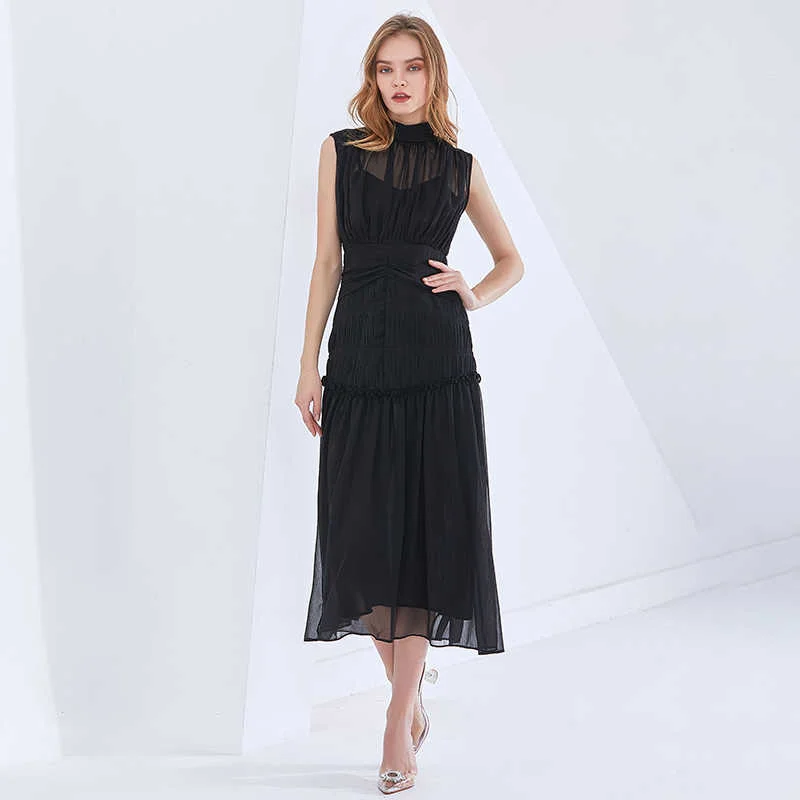 

2023 Vintage Ruched Fashion New For Women Stand Collar Sleeveless High Waist Chiffon Midi Dresses