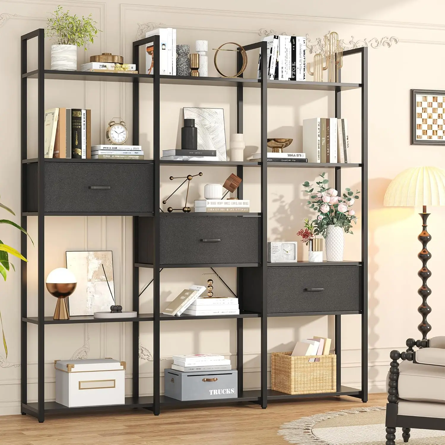 

6 Tier Triple Wide Industrial Bookshelf 3 Drawers 16 Open Shelves 73.6" Metal Frame Home Office Black, Customized