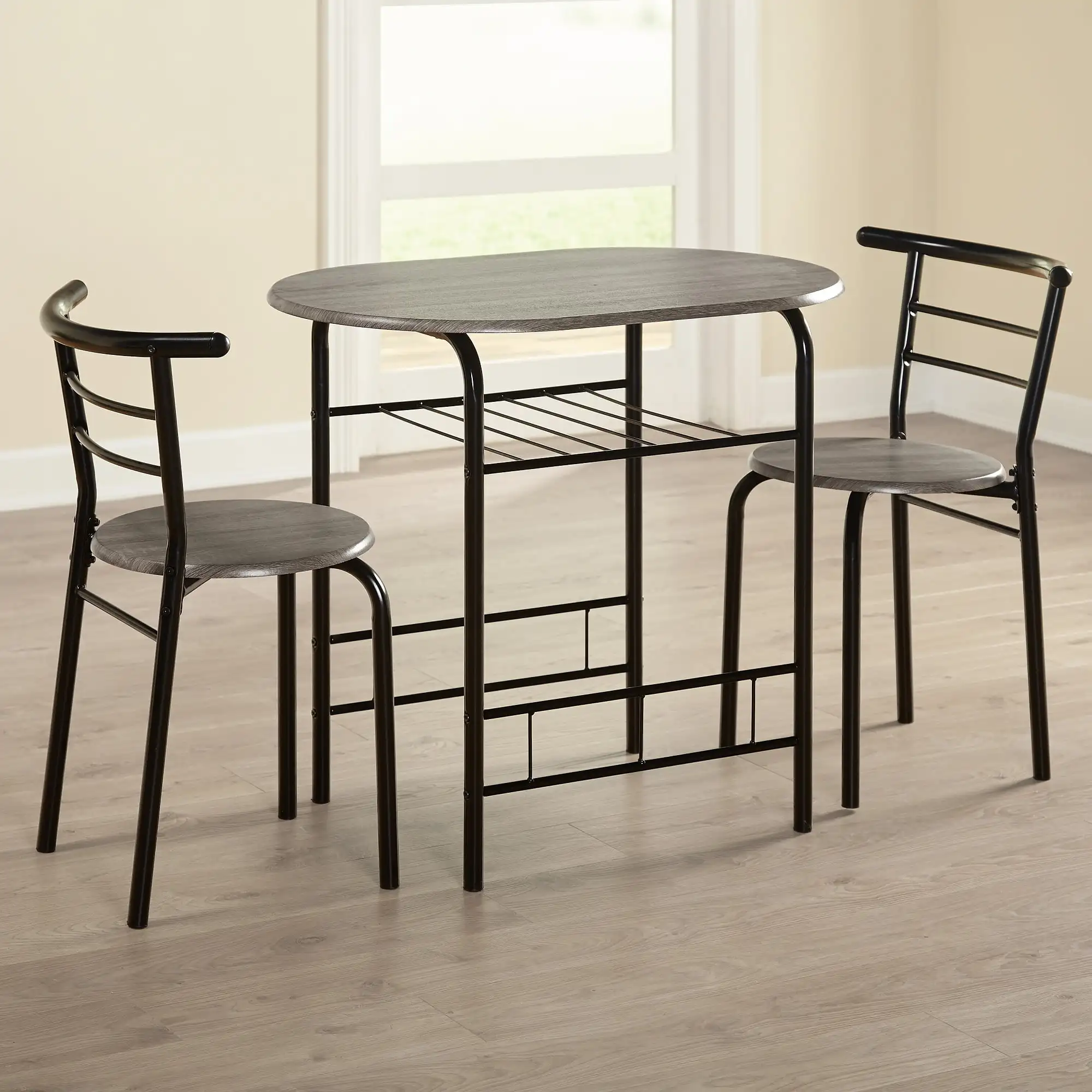 3 - Piece Bistro Dining Set Pub Table Set w/ 2 Stools Iron Frame Counter Height Dining Table Sets, Gray