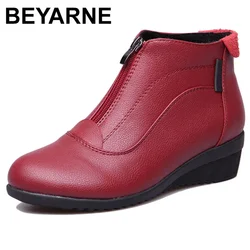 BEYARNE Autumn Winter Boots Women Ankle Boots Shoes Woman Fashion Wedges Heels Woman Boots High Quality Leather Shoes Female zip