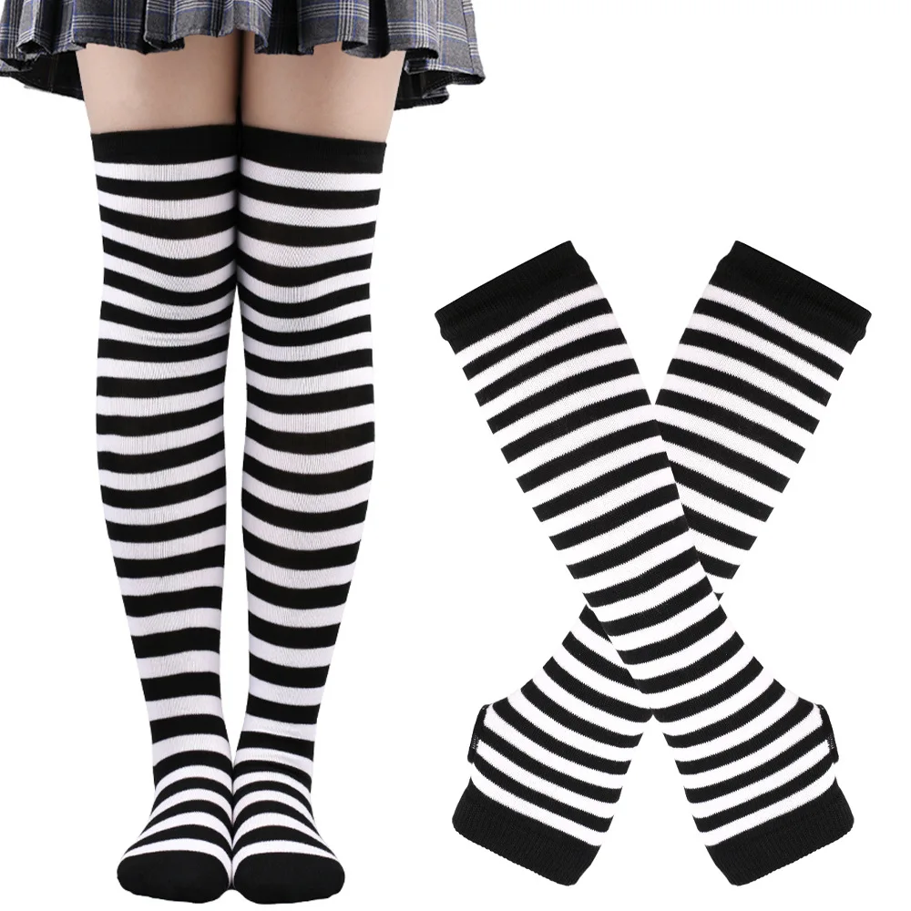 2 paire/ensemble femmes gothique Punk sur genou longues chaussettes à rayures fille bras manches gants cuisse haute coton chaussettes doux mignon cadeau de noël