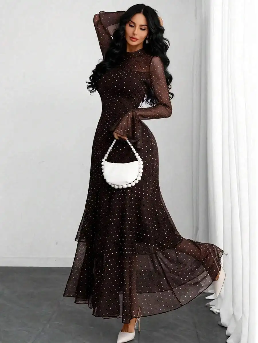 

Womens Elegant Polka Dot High Neck Long Sleeve Layered Maxi Dress For Prom Date Vacation