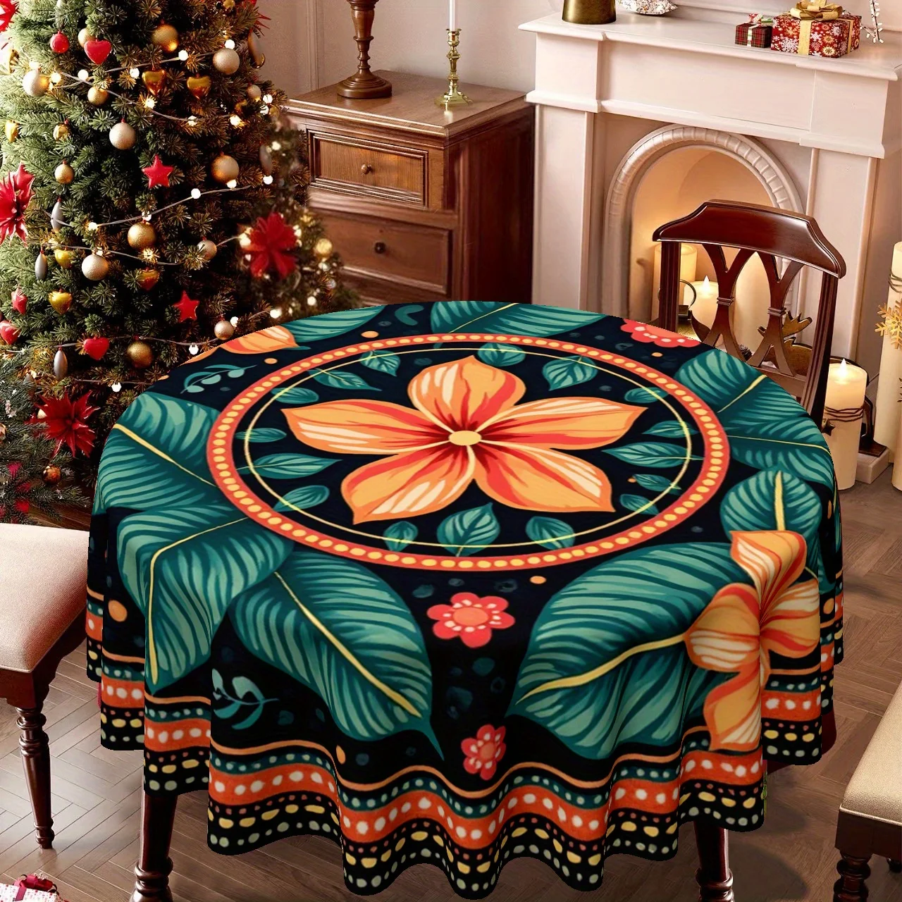 1 tablecloth, Christmas theme, tropical floral print, suitable for home kitchens and dining rooms, tableware decoration