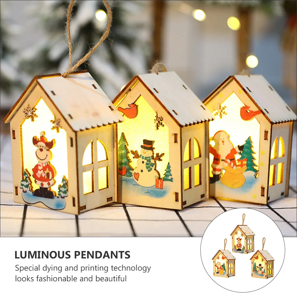 

3 Pcs Glowing Small House Pendant Christmas Party Supplies Tree Adornments Wall Decors Ornament Decorations Wooden Charms