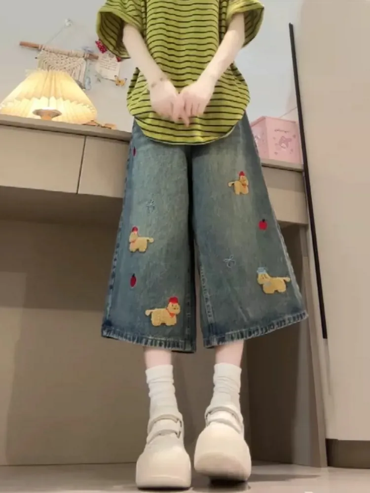 

Retro American Cartoon Dog Embroidery Jeans High Waist Loose Wide Leg Women's Summer New Style Lazy Casual Loose Fit Trousers