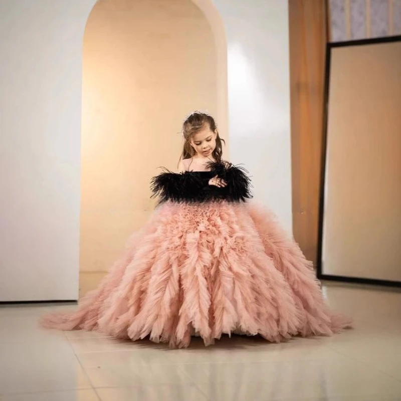 Pink Girls Princess Party Dress Puffy Tulle Gown Piano Flower Girl Pageant Formal Celebration Clothes Performance Kids Birthday