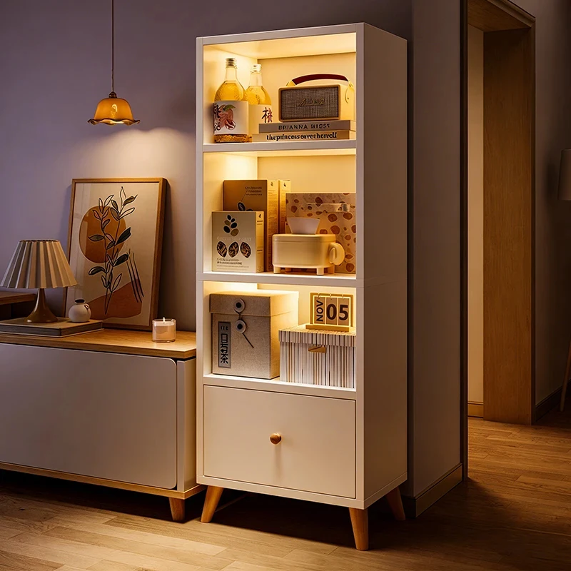 custom.Factory Direct Custom Modern Tall Narrow Panel Storage Cabinet White Wooden Freestanding Bookshelf Drawers LED Light Dura