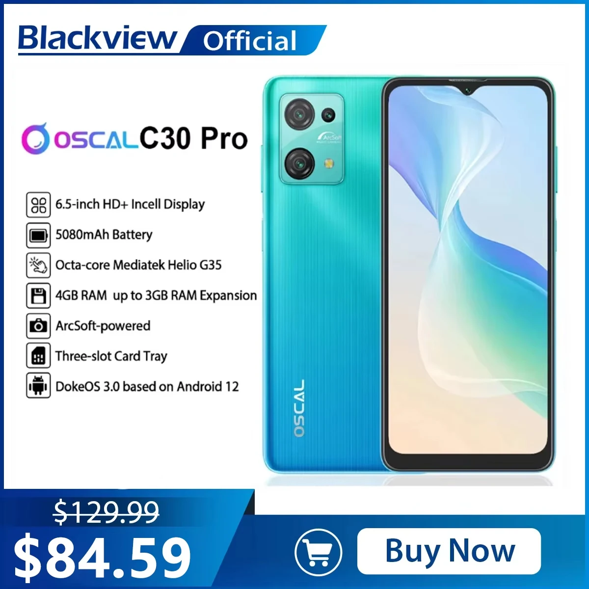 Blackview Oscal C30 Pro Android 12 Smartphone 7GB+64GB 6.5 Inch Mobile Phones 5080mAh Battery Dual 4G Telephones, Cellphone