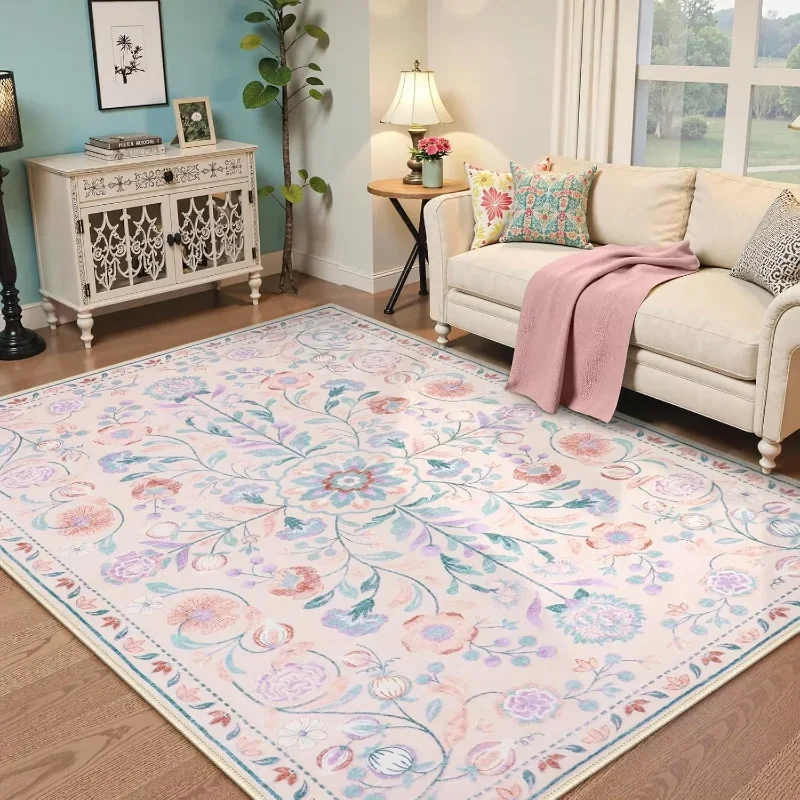 

Elegant Pink Floral Area Rug for Living Room & Bedroom – Soft Non-Slip Floor Mat, Sofa Coffee Table Carpet for Nursery Decor