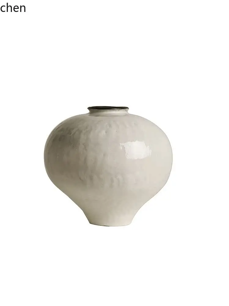 LYY  Vintage Vase Moon Jar Handmade White Flower Container Living Room Ornament