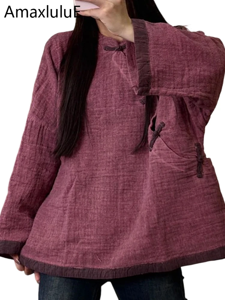 

Amax LuluE Spring 2026 Vintage Patchwork Tee Shirts Women Classic Casual Fashion Clothes Females Chinese Loose Long Sleeve Tops