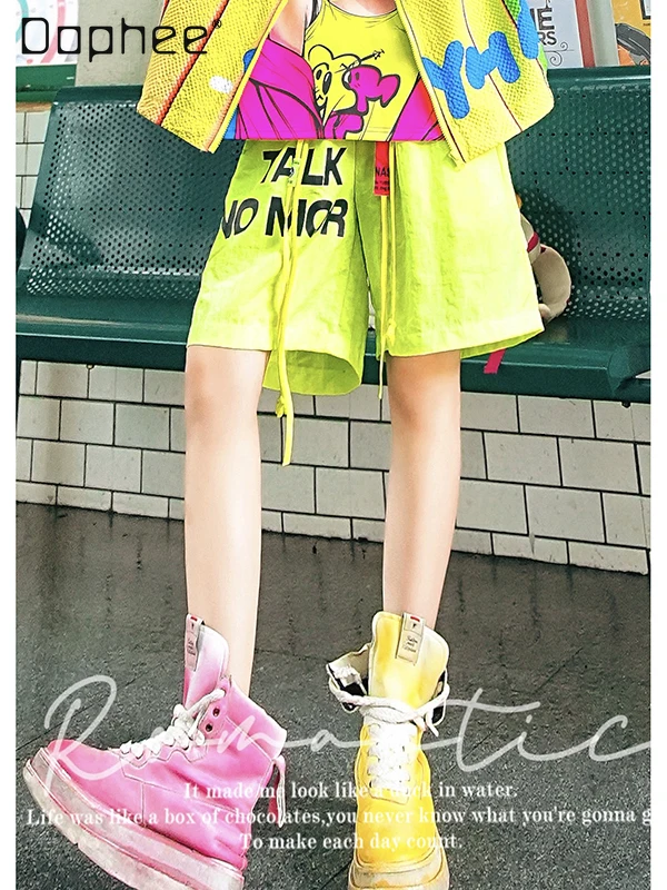 

Fluorescent Yellow Color Letter Casual Shorts Spring and Summer New Trendy Brand Simple Loose Sports Large Version Beach Pants