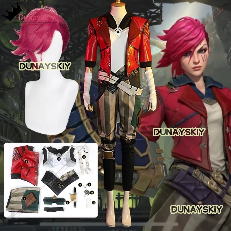 LOL Arcane Vi Cosplay Costume Game Arcane LOL Vi Role-Playing Subdue Red Short Leather Suit Wig Accessory Anime/Halloween Party8