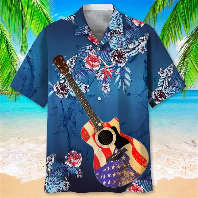 Summer 3D Guitar Flower Printed Shirts For Men Children Fashion Streetwear Short Sleeve Shirt Unisex Hawaiian Shirts Blouses Top