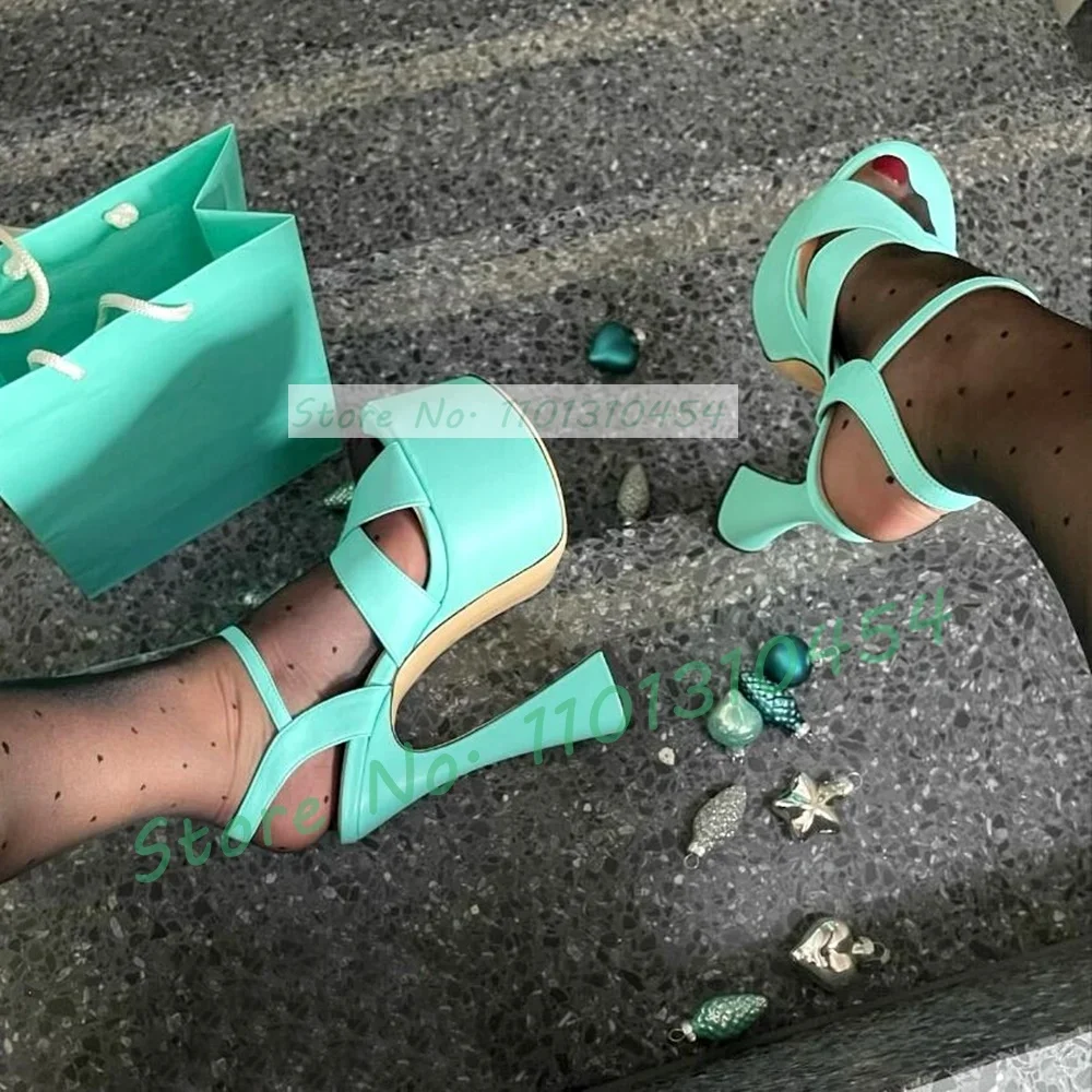 

Blue Platform Block Heel Sandals Women Fashion Party Cross Strap Leggy High Heels Ladies Summer Elegant Buckle-strap Shoes