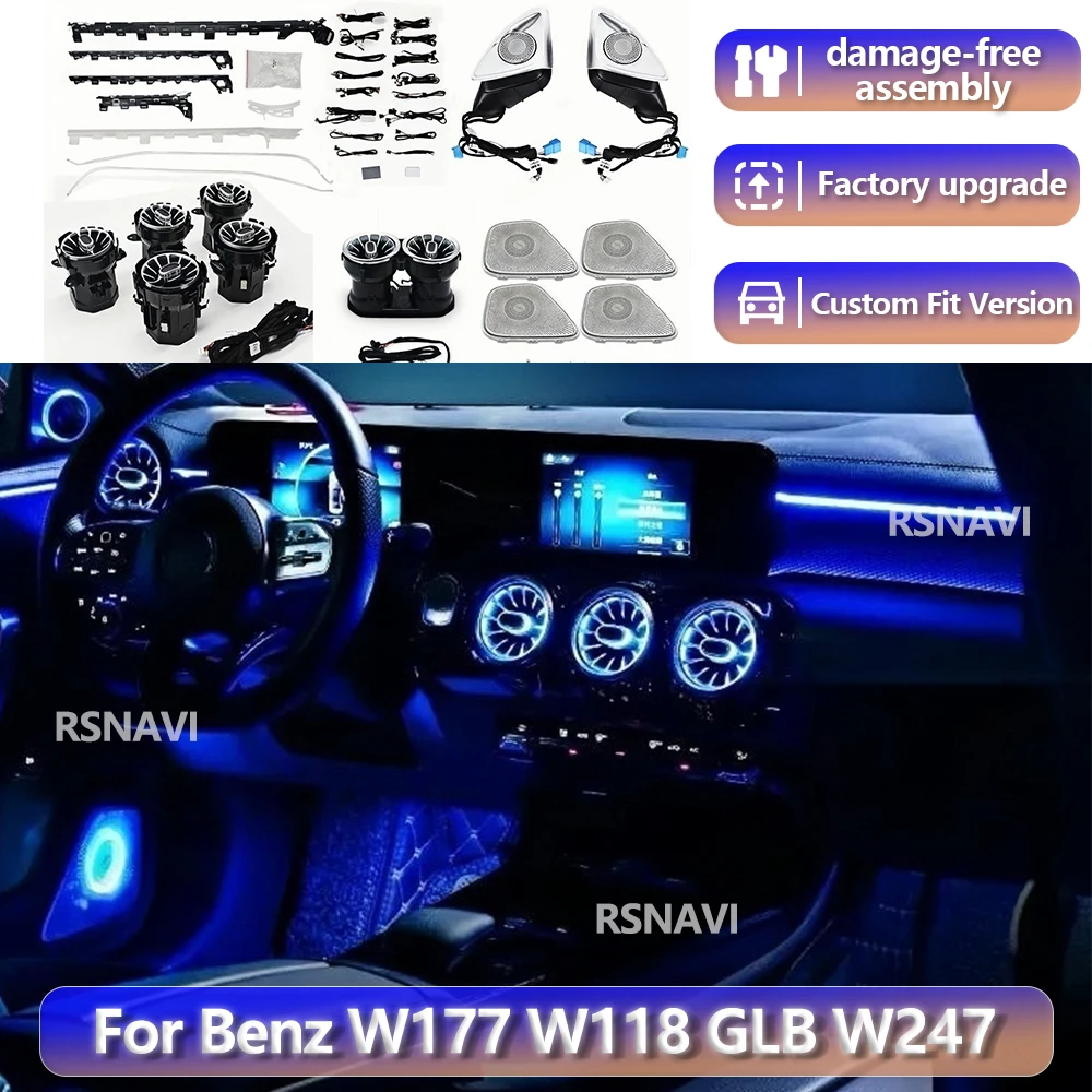 

RGB-подсветка салона для Mercedes-Benz W177 W118 W247 A/B/CLA/GLA/GLB Class 2018-2025, 64 цвета, светодиодная подсветка вентиляционных отверстий, RGB-подсветка интерьера автомобиля