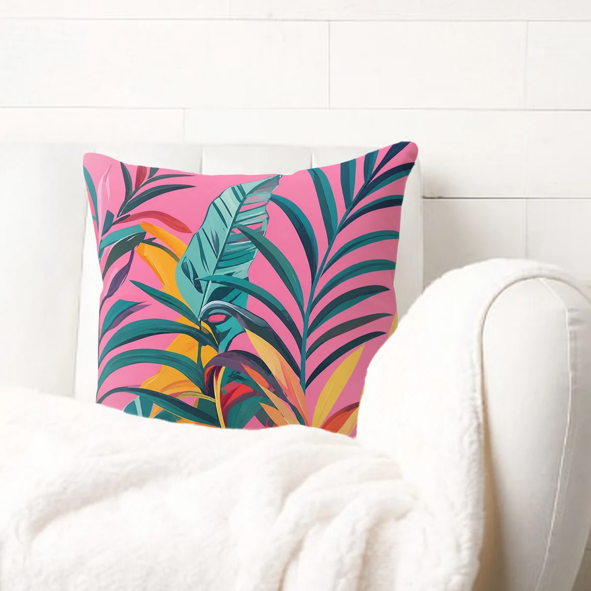 Flamingo & Cherry Blossom Pattern Polyester Pillow Cover - Decorative Pillowcase for Sofa, Bedroom, Living Room Home Decoration