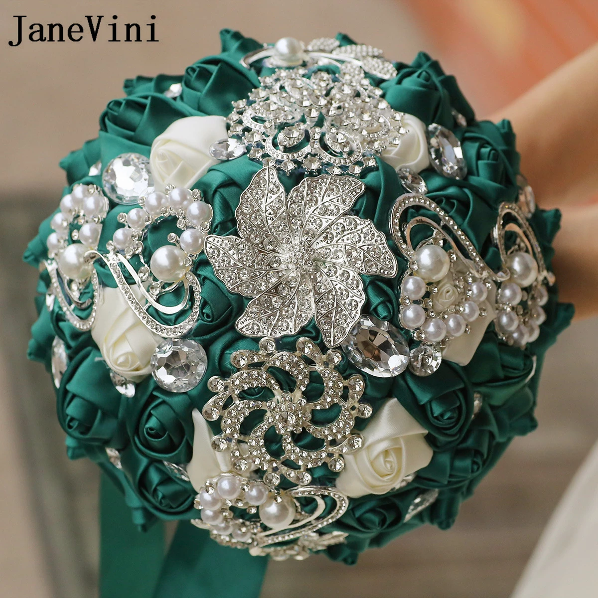 JaneVini Vintage Dark Green Roses Bridal Flowers Wedding Bouquets Luxurious Pearls Crystal Bride Holding Flowers Accessories