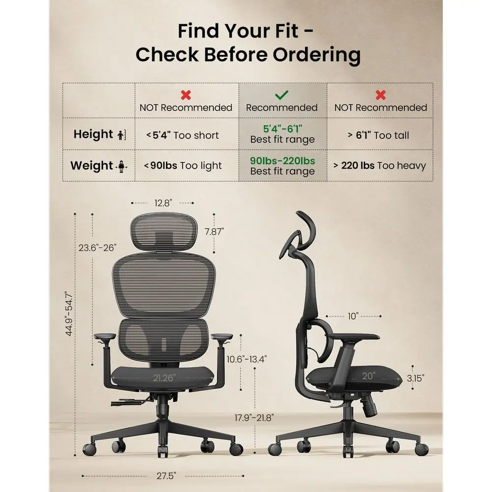 Adjustable High-Back Desk Chair with Lumbar Support, Sliding Seat, 3D Armrests, Mesh Back for Long-Term Comfort - Black