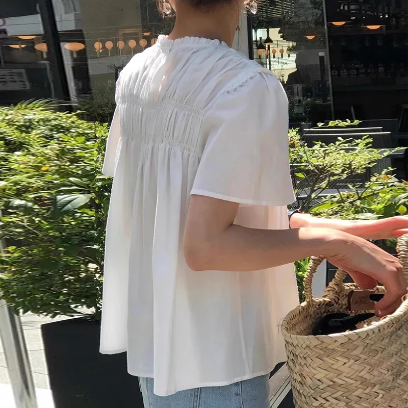 Gentle Lace Standing Neck Pleated Shirt Loose Casual Puff Sleeve Top for Women Korean Chic Draped Cute Moda Solid Color Blouse