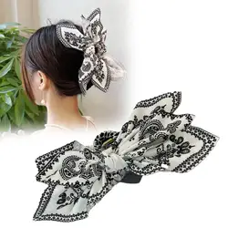 Fashion Vintage Print Large Bow Hair Claw Clip Bow Accessories Women Headdress Hair Tie Shark Loop Clip Scrunchies Korean H T0F9