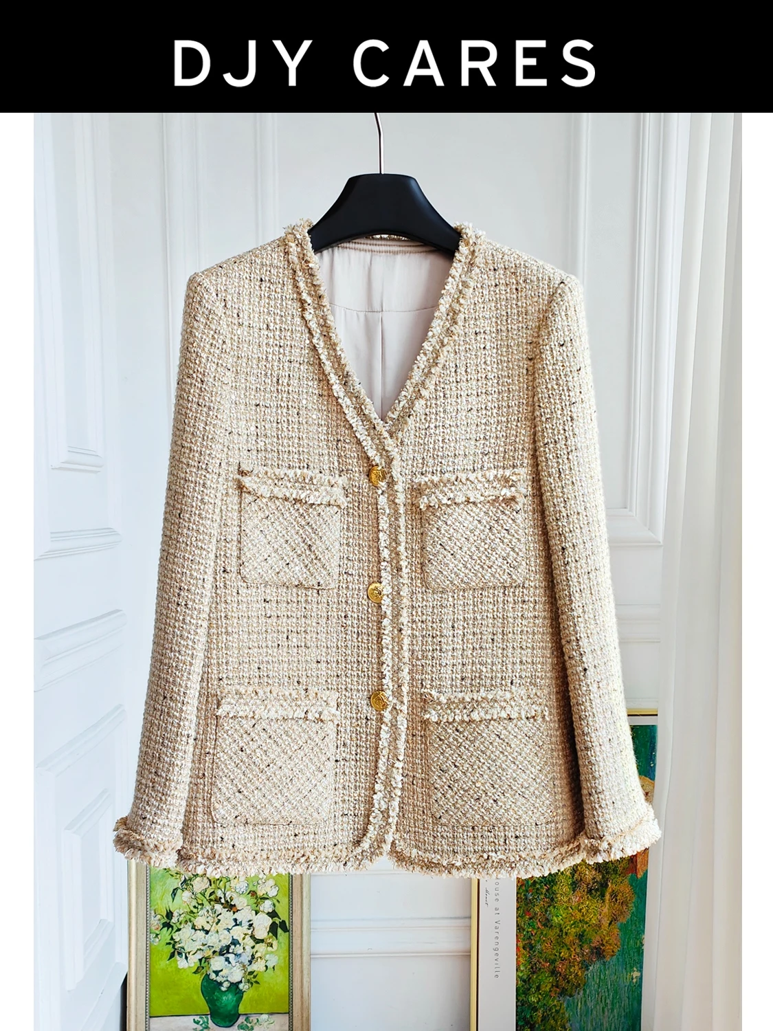 

New Bold woolen fashion slimming V-neck tassel jacket with sequin weaving big size