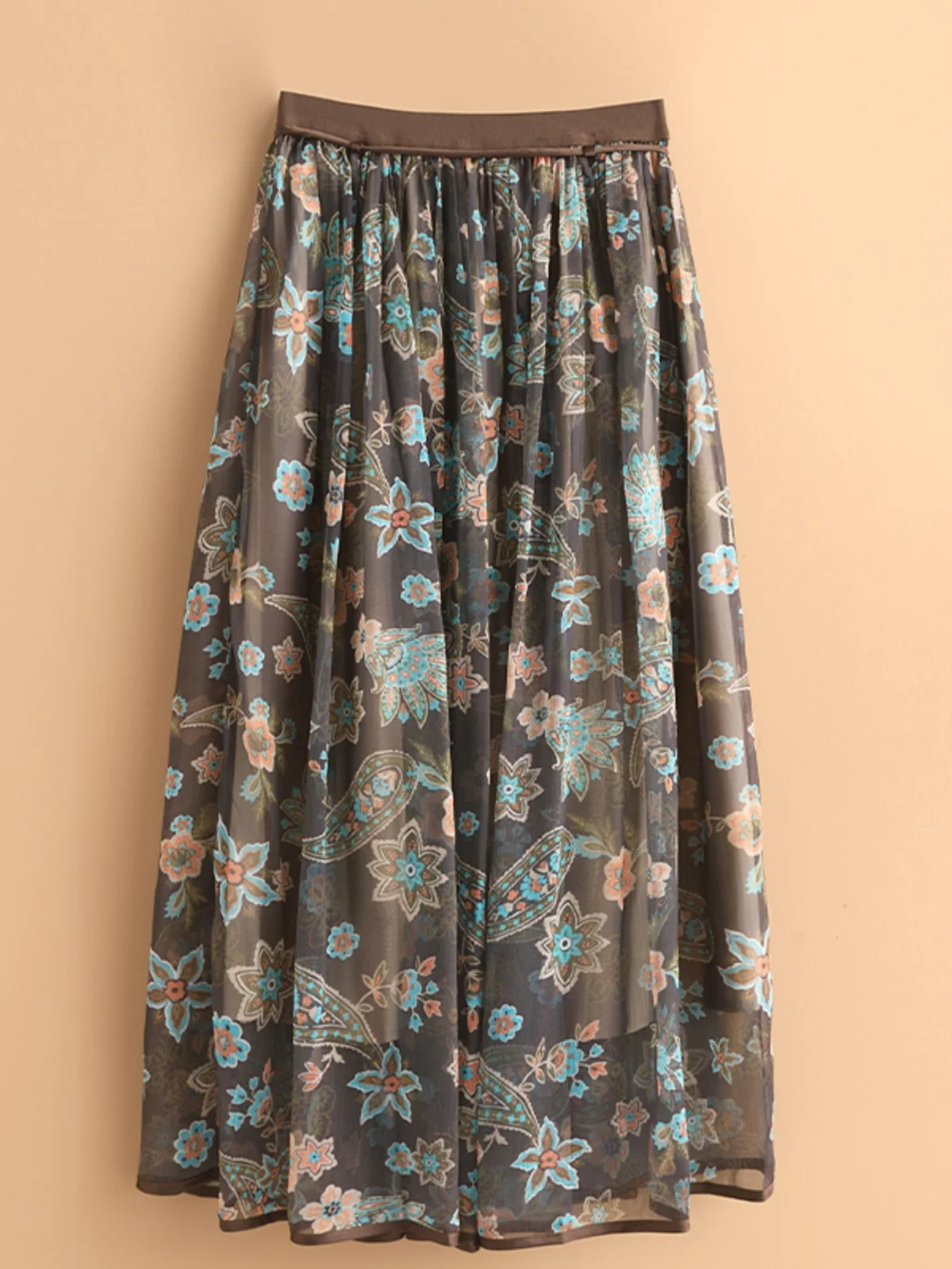 Ele الأزهار طباعة الشيفون ter Ne Dr المرأة تخفيف خمر عالية الخصر ألف خط تنورة ميدي طول مع الطيات #3