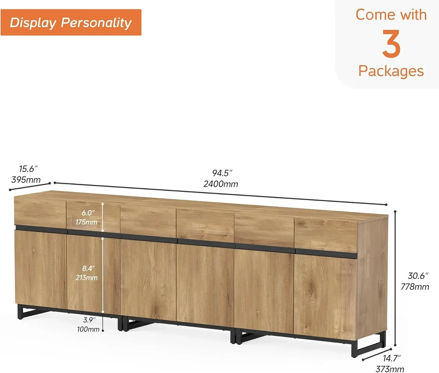 3 in 1 Multifunctional Sideboard Buffet Cabinets, Modern Sideboard with Adjustable Shelf and Metal Base, Oak