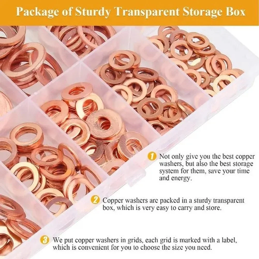 

228pcs Copper Sealing Washer Kit M5-M16 DIN440 Standard Flat Washers Set Motorcycle Sump Flat Sealing Spacers