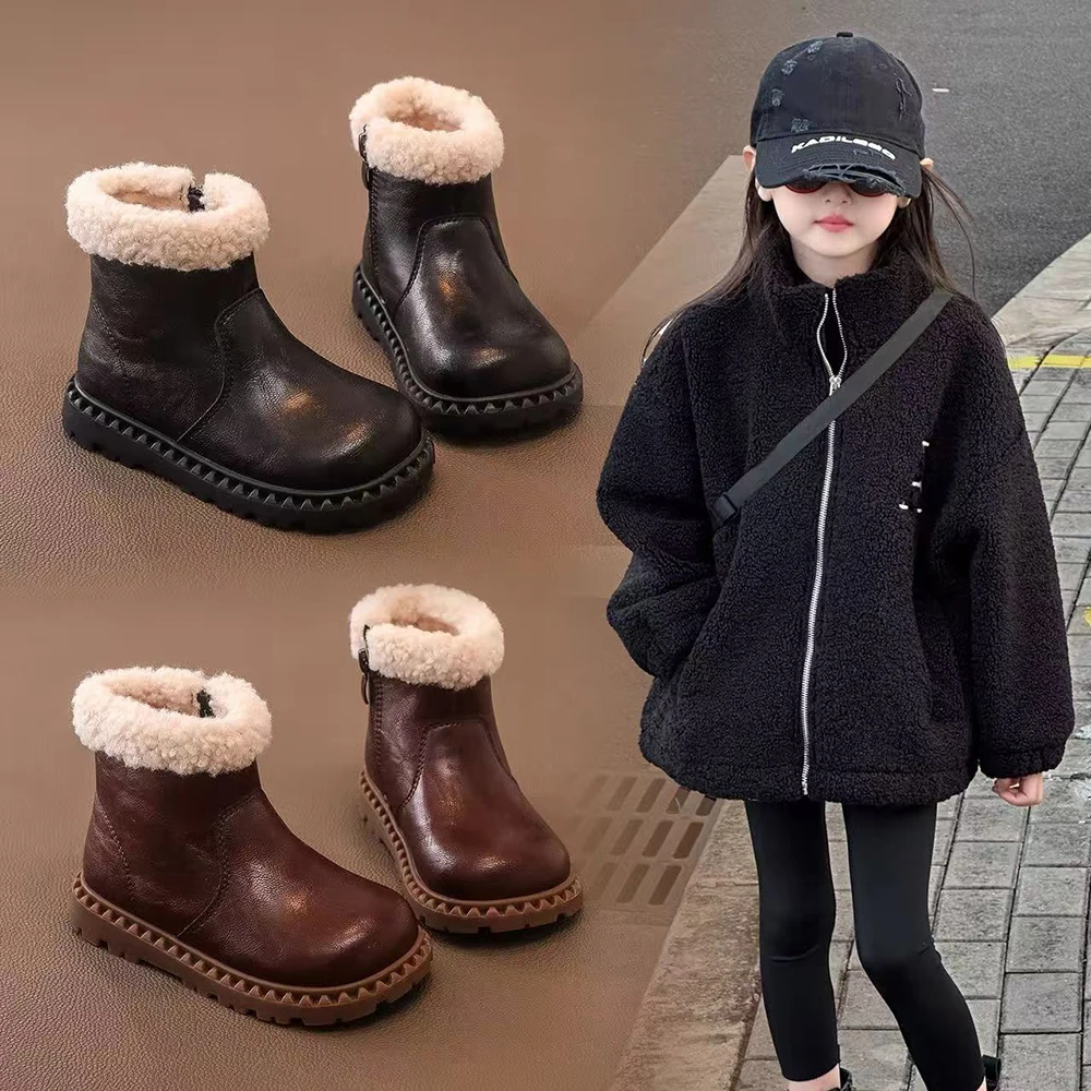Botas de inverno de pele sintética para meninas couro do plutônio vintage  adolescente criança botas de pelúcia tendência moda menina botas de neve  inverno sapato de algodão / Calçados infantis, image size:1000x1000
