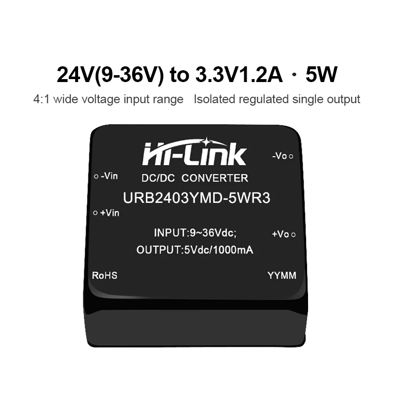 Hi-Link 9-36Vdc to 5W 3.3V/5V/12V/15V/24V URB2405YMD-5WR3 URB2412YMD-5WR3 DC Converter Module