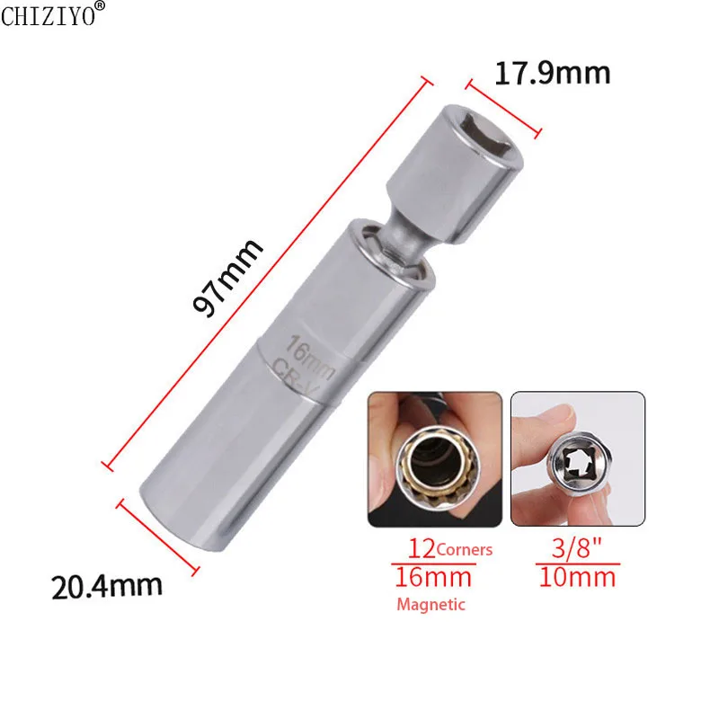 14mm 16mm Car Spark Plug Socket Removal Tool Universal Joint with Magnetic Flexible Socket 3/8\