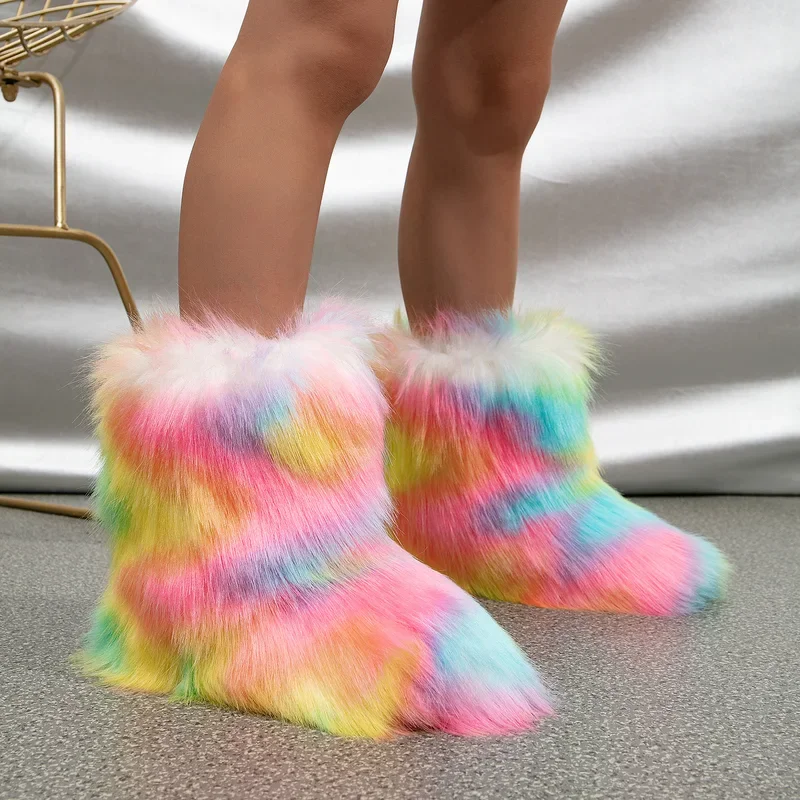 Winter Kids Plush Warm Snow Boots Fashion Mixed Colors Puffy Faux Fox Fur Ankle Boots Soft Comfortable Children Platform Shoes