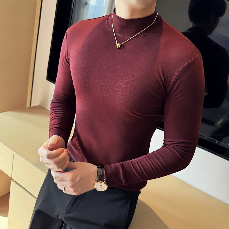 Long Sleeve Cotton T-shirt For Men Mock Base Shirt Stretch T-shirt Slim Fit Tee Burgundy T Shirt Men New In Tops & Tee 9 colors